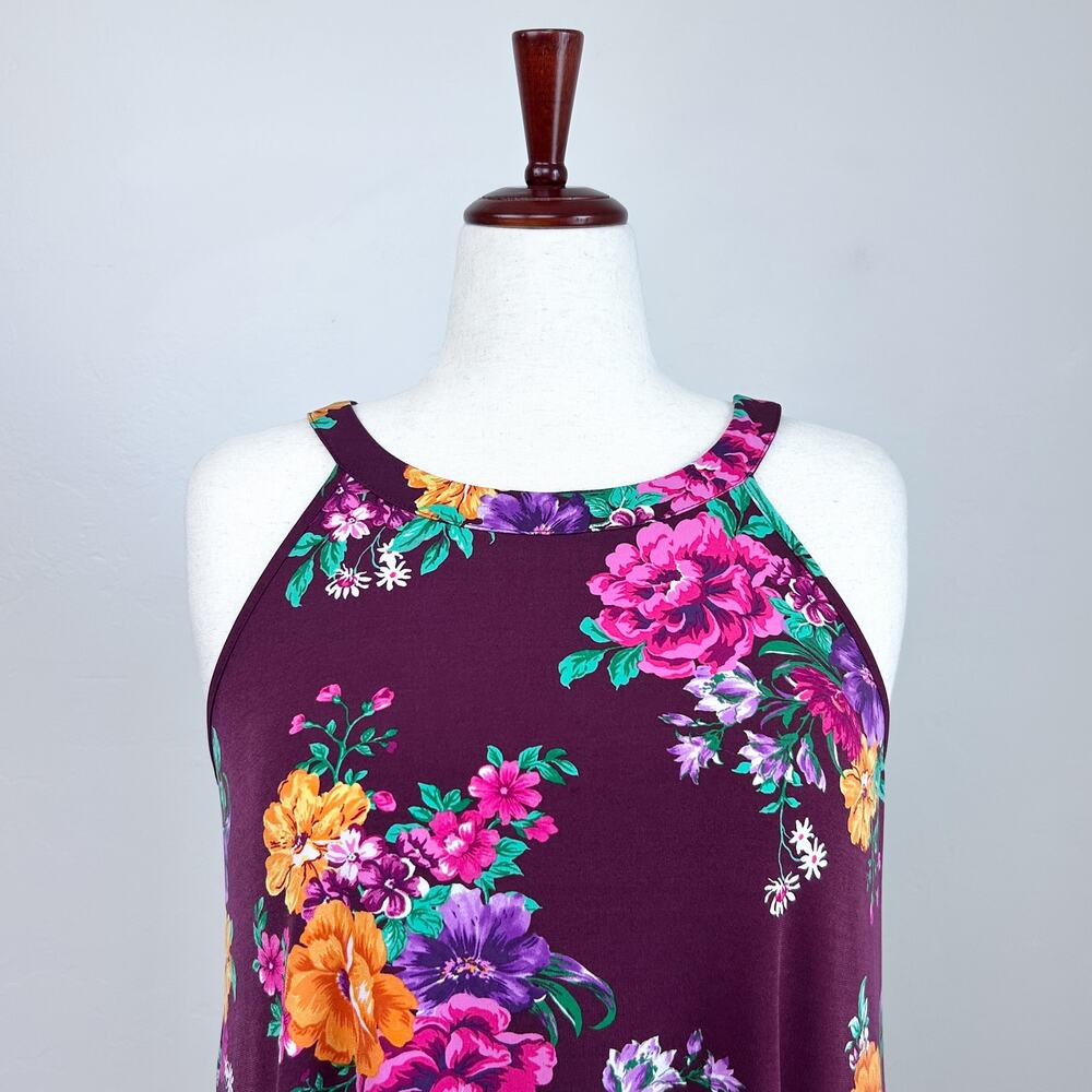 Torrid Maroon Floral Peony Sleeveless Flowy Swing Keyhole Halter Tank Top 0X - Picture 2 of 8